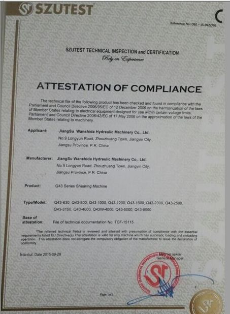 LA CHINE Jiangsu Wanshida Hydraulic Machinery Co., Ltd certifications